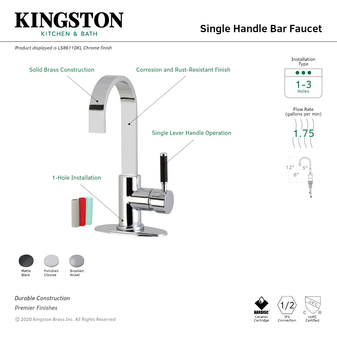 Kingston Sona LS8611DKL - Kaiser One-Handle 1-Hole Deck Mount Bar Faucet, Polished Chrome — thumbnail 2
